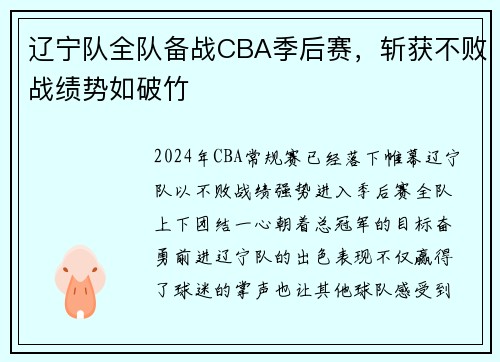辽宁队全队备战CBA季后赛，斩获不败战绩势如破竹